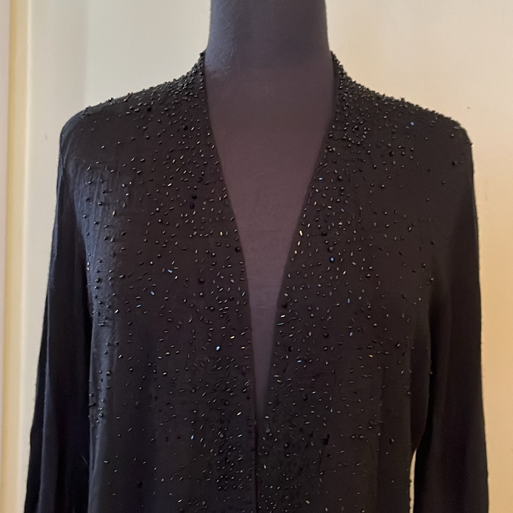 Eileen Fisher NEEDS REPAIR black large beaded merino wool cardigan evening wear